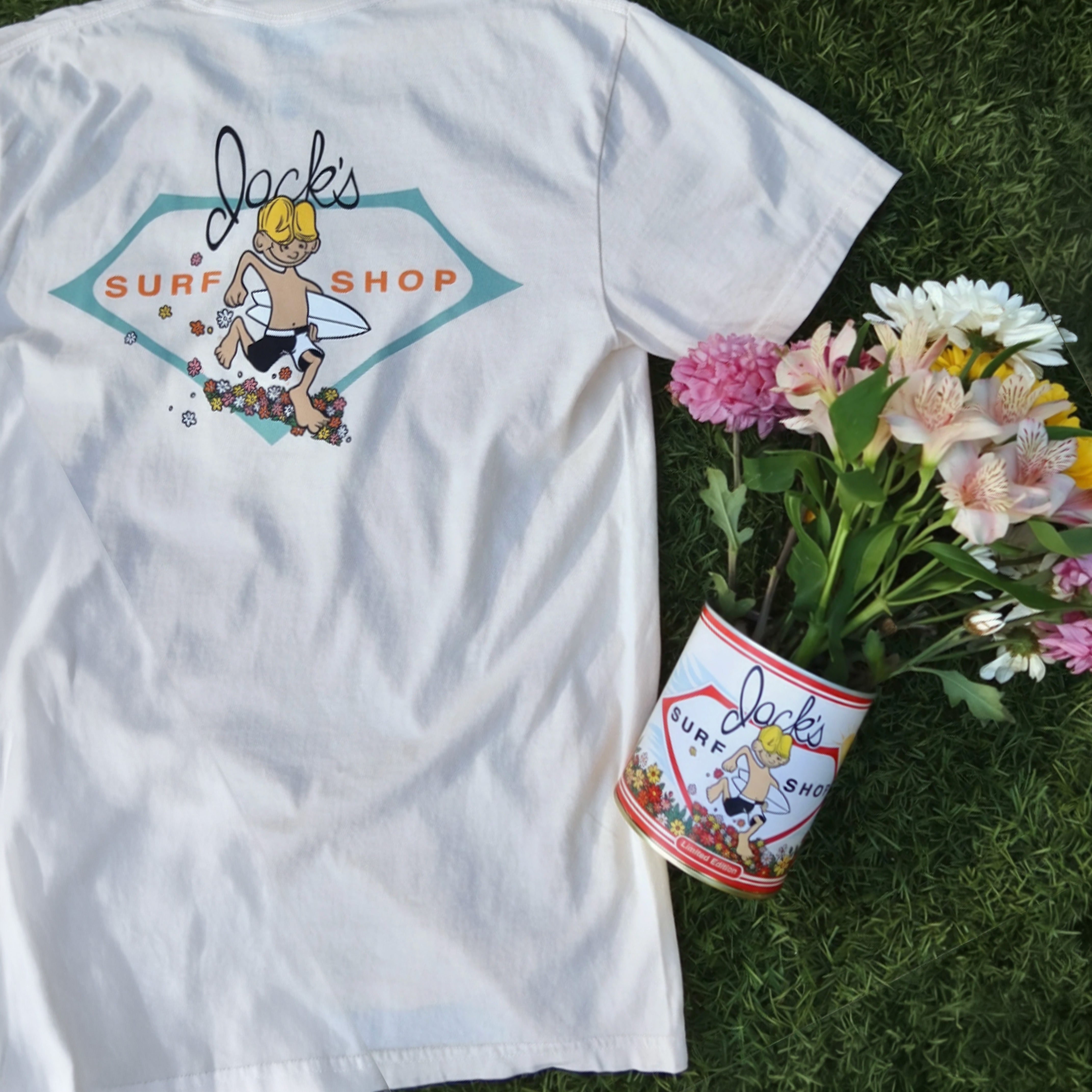 Jacks Surfboards custom shirt and can