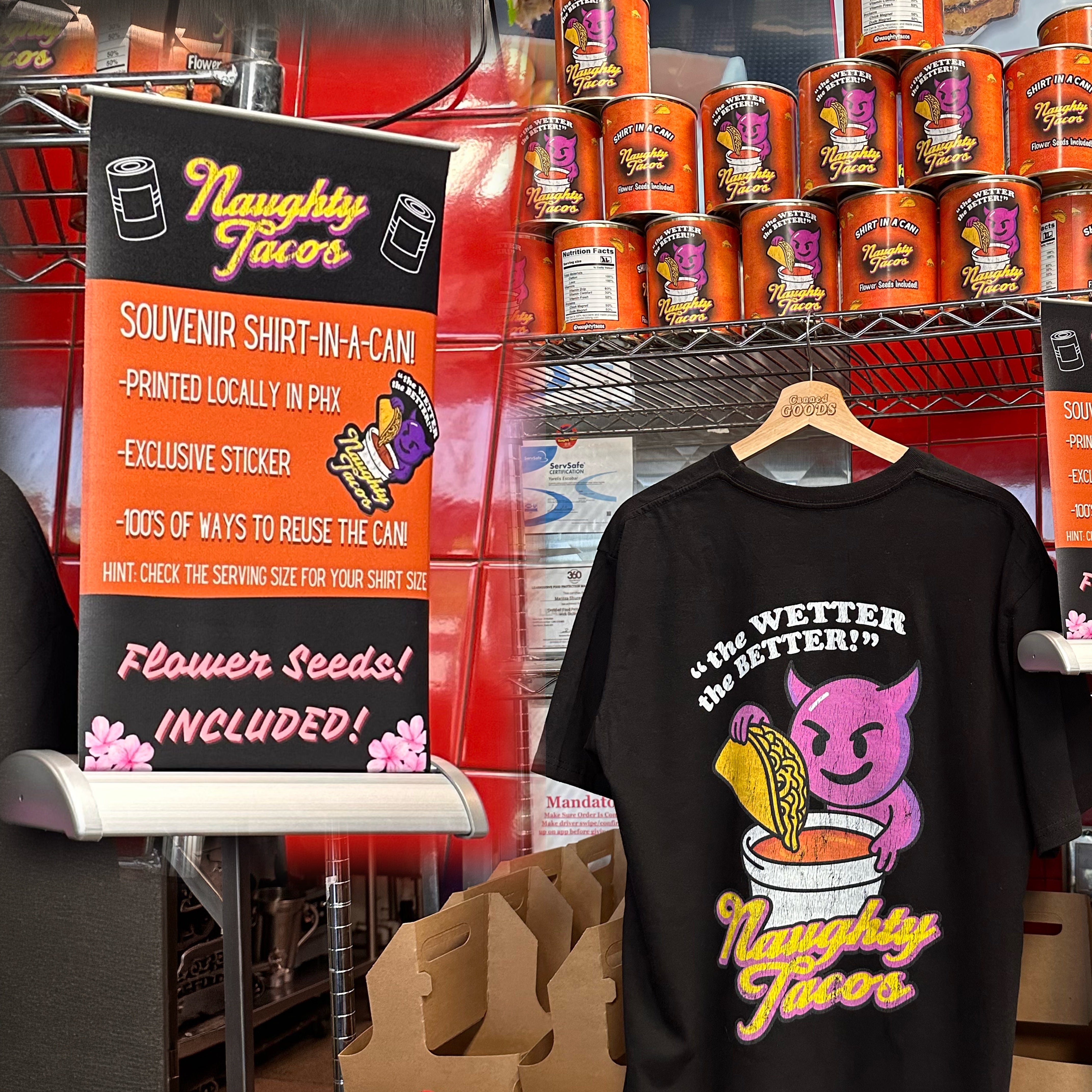 Naughty Tacos custom shirt and cans
